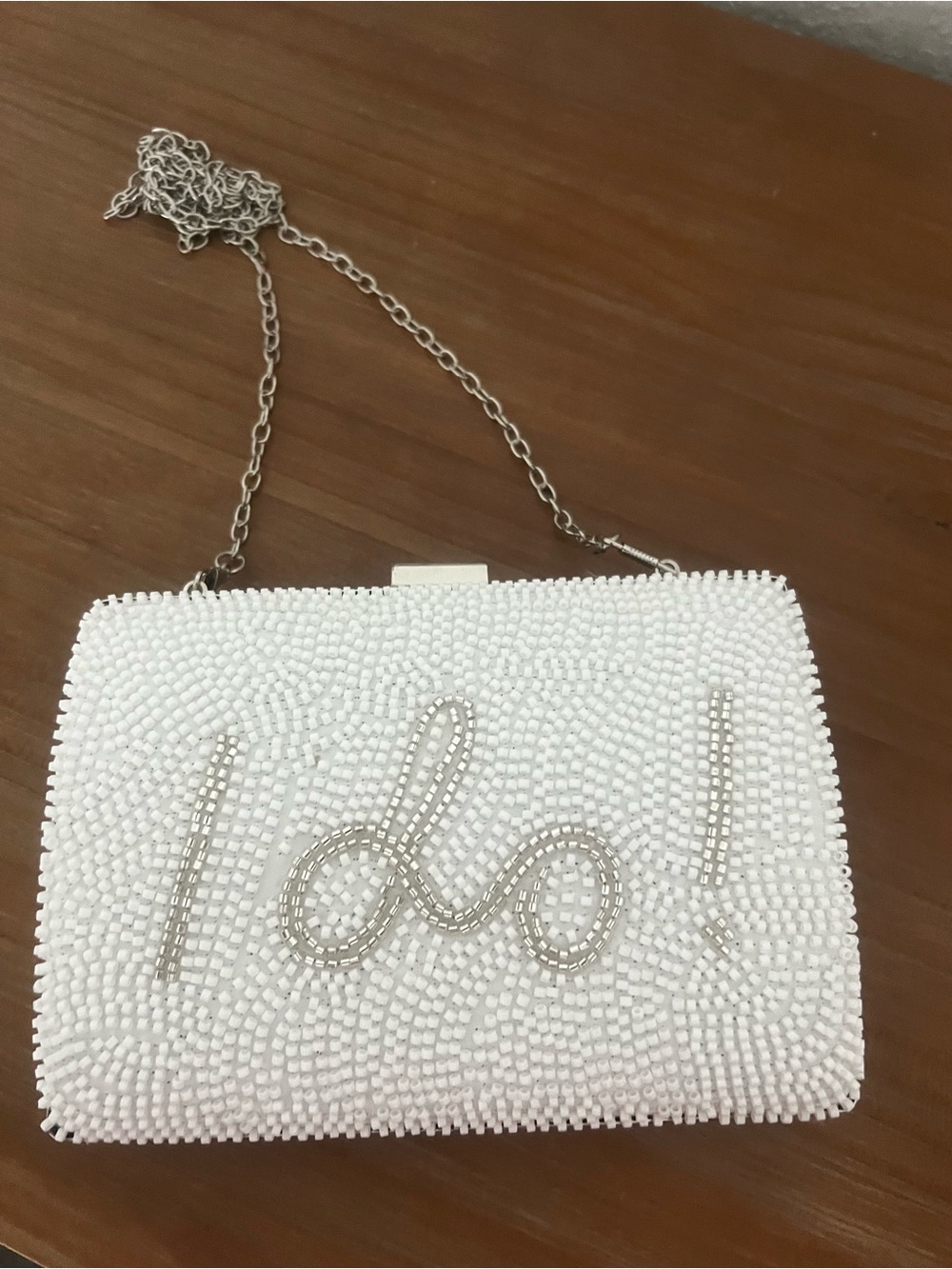 White Beaded 'I Do' Clutch with Chain Strap